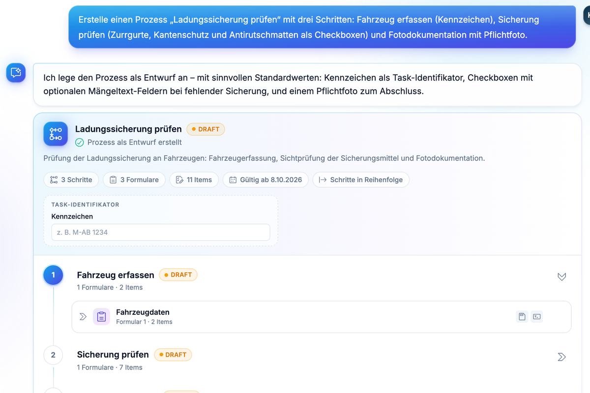 Editor App: Der KI-Agent legt aus einem Prompt den Prozess „Ladungssicherung prüfen“ an
