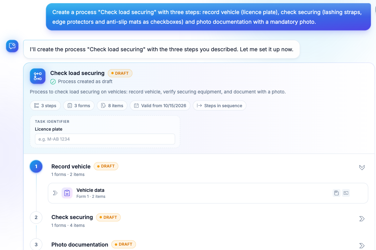 Editor App: the AI agent creates the process “Check load securing” from a prompt