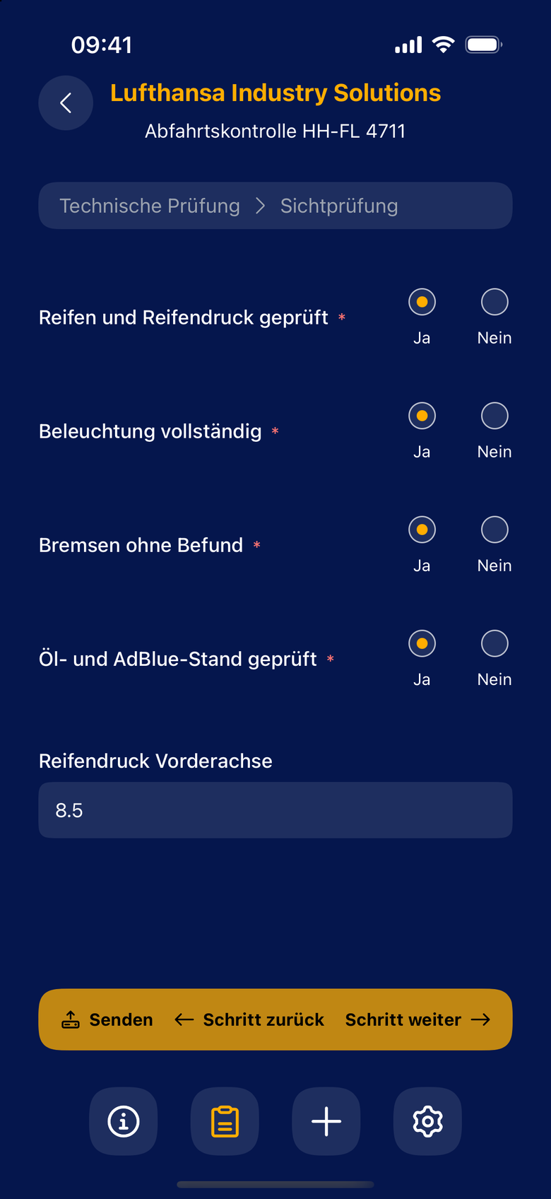Mobile App: Formular Sichtprüfung einer Abfahrtskontrolle mit Reifen, Beleuchtung und Bremsen