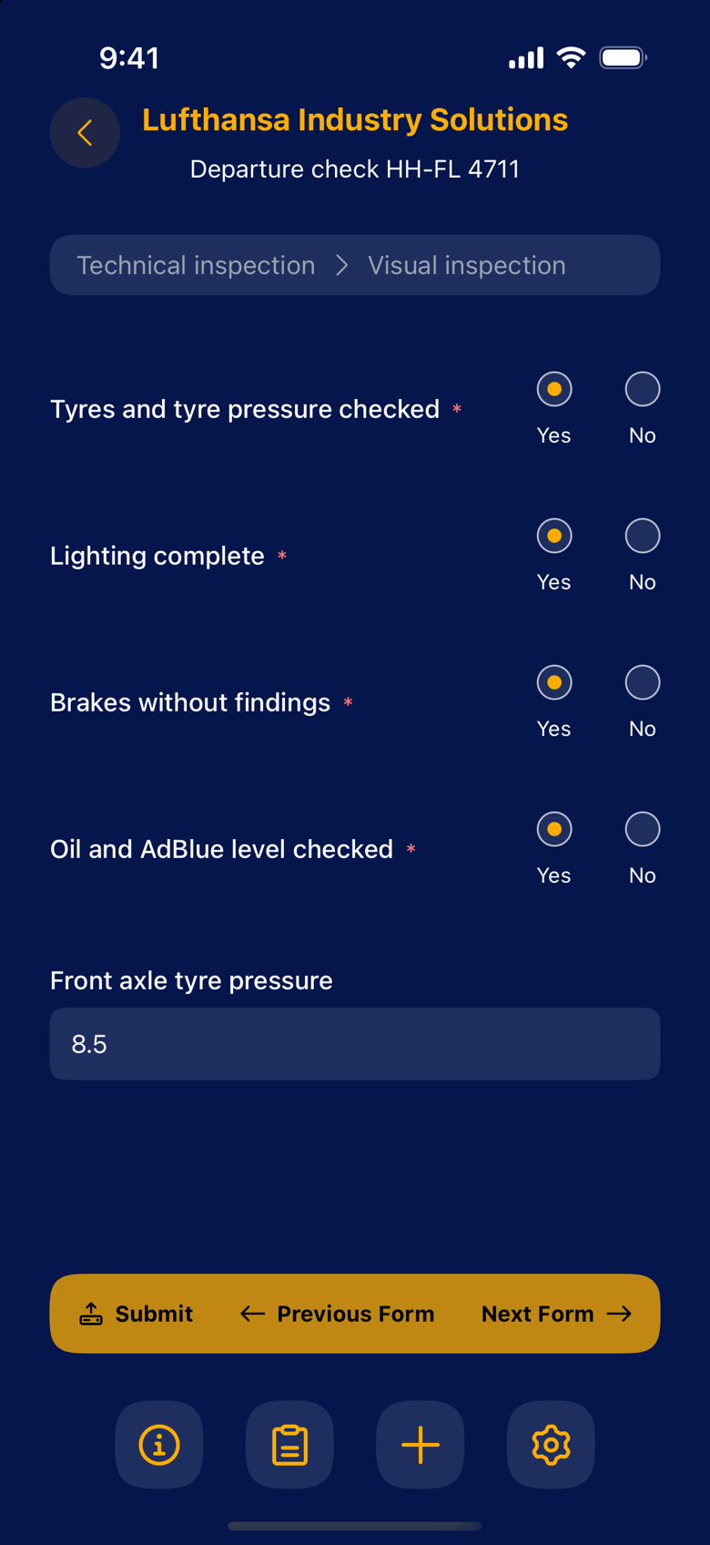 Mobile app: visual check form of a pre-departure check with tyres, lights and brakes