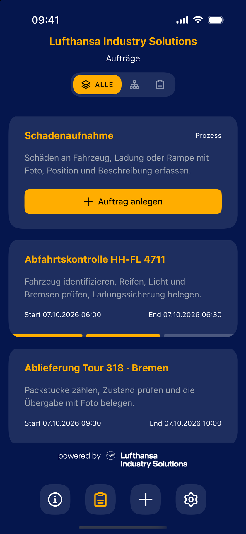 Mobile App: Auftragsübersicht mit dem Prozess Schadenaufnahme und laufenden Aufträgen
