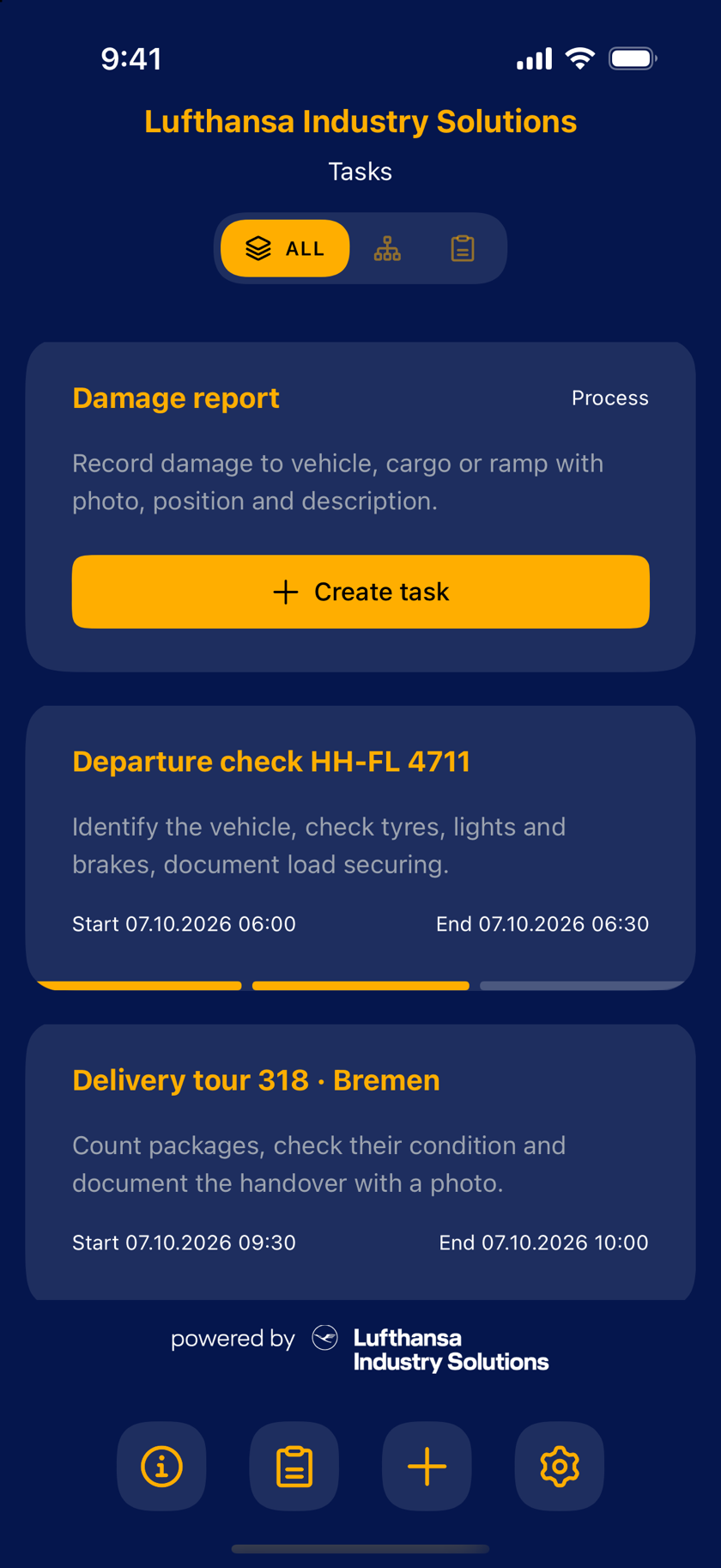 Mobile app: task overview with the damage report process and ongoing tasks
